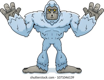 A cartoon illustration of a yeti surrendering with hands up.