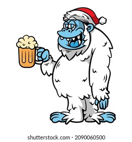 Cartoon illustration of Yeti wearing santa claus hat and drinking beer with glass, best for sticker, decoration, and mascot with christmas themes