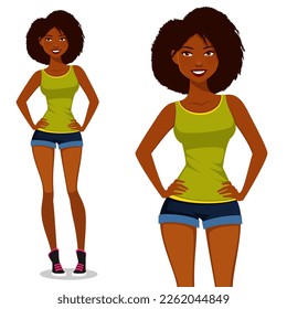 cartoon illustration of young African American or Brazilian woman. Beautiful black girl in jeans shorts, smiling and standing with her hands on hips. Isolated on white.