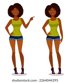 cartoon illustration of young African American or Brazilian woman. Beautiful black girl in jeans shorts, smiling and standing with her hand on hip. Isolated on white.