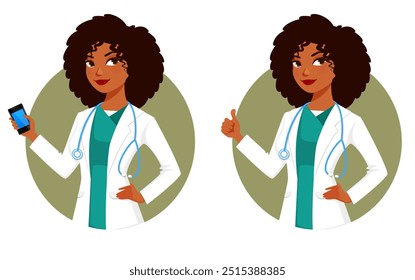 ilustração de desenho animado de um jovem médico afro-americano vestindo jaleco e estetoscópio, segurando um telefone celular ou dando polegares para cima. Jovem sorridente trabalhando na indústria de saúde.