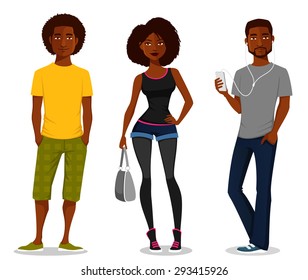 cartoon illustration of young African American people. Beautiful black woman and handsome guys in casual street fashion. svg