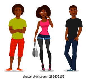 cartoon illustration of young African American people. Beautiful black girl and handsome guys in casual street fashion.