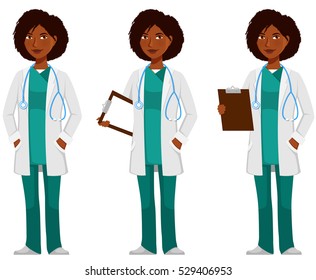 Cartoon Illustration Of A Young African American Doctor. Friendly Black Woman, Health Care Worker. 