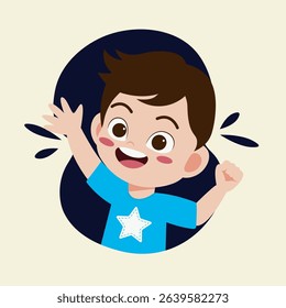 Cartoon illustration of a young boy with a cheerful expression, his arms raised in an excited gesture, positioned within a dark circle against a light background. The boy is depicted in a light blue 