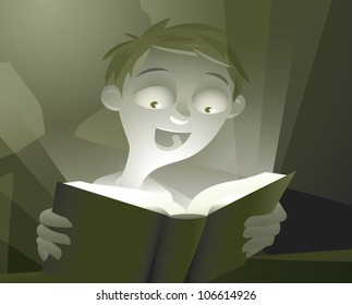 Cartoon illustration of a young boy in a dark room reading a book with bright, glowing pages, symbolizing the magic of a really good story.