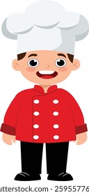 A cartoon illustration of a young boy dressed as a chef with a tall chef's hat.