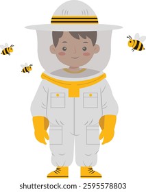 A cartoon illustration of a young boy dressed in a full beekeeping suit with bees buzzing around him. 