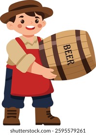  A cartoon illustration of a young boy dressed in traditional beermaker's attire, carrying a wooden barrel. 