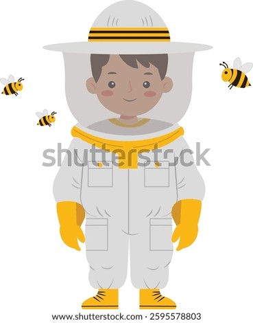 A cartoon illustration of a young boy dressed in a full beekeeping suit with bees buzzing around him. 