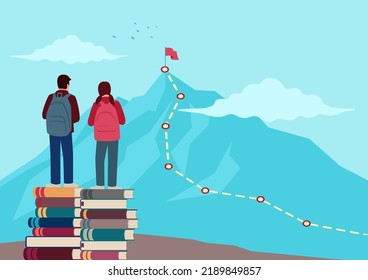 Cartoon illustration of young boy and girl with backpack standing on pile of books on top of the rock looking to the top of a mountain, education, future plan, long journey