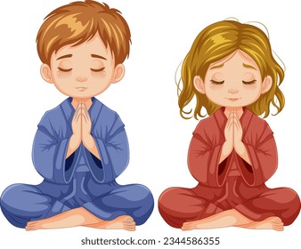 A cartoon illustration of a young boy and girl sitting together and meditating with their eyes closed