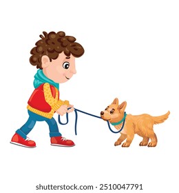 Ilustração de desenho animado de um menino puxando uma coleira de cachorro com um cachorrinho resistindo