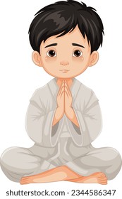 A cartoon illustration of a young boy sitting and praying in meditation