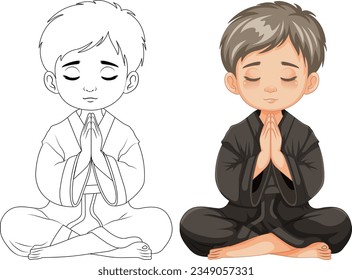 A cartoon illustration of a young boy sitting and praying with his eyes closed, meditating