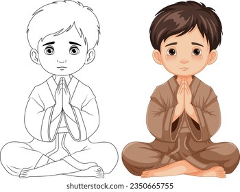 A cartoon illustration of a young boy sitting and praying in meditation