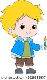Cartoon illustration of a young boy smiling while holding a lit birthday candle