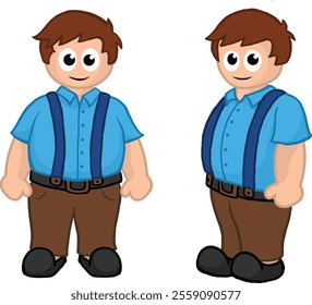 Cartoon illustration of young boys with brown hair, wearing matching blue shirts and brown pants.