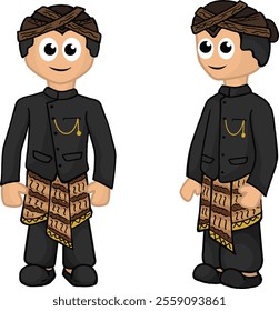 Cartoon illustration of young boys wearing traditional Javanese attire, including black suits and blangkon headgear