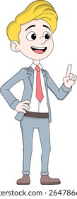 Ilustração em desenho animado de um jovem empresário com cabelo loiro vestindo um terno azul claro e gravata vermelha.