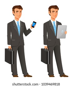 cartoon illustration of a young businessman. Handsome man in business attire, holding a mobile phone or tablet. Isolated on white.