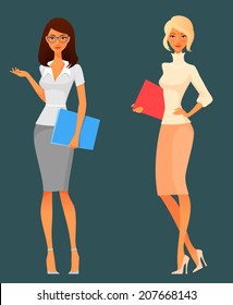 cartoon illustration of a young businesswoman, teacher, life coach or assistant. Attractive woman in smart casual clothing, holding folders and gesturing. Vector eps file.