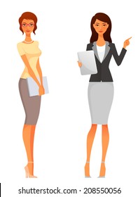 cartoon illustration of a young businesswoman, teacher, life coach or assistant. Attractive woman in smart casual clothing, using a tablet, pointing finger or holding folders. Isolated on white.