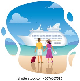 Ilustración de caricatura con una pareja joven en un crucero.