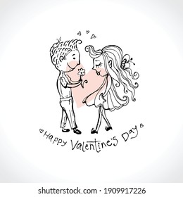 Cartoon illustration with a young couple in love on the background of a large heart. Vector illustration postcard Happy Valentine's Day. Vector template. Cute card