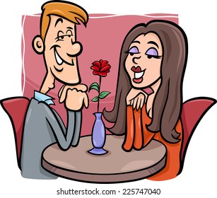 Cartoon Illustration of Young Couple in Love in the Restaurant or Cafe