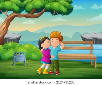 Cartoon illustration a young couple in the park