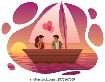 Cartoon Illustration With Young Couple Sailing On Boat.