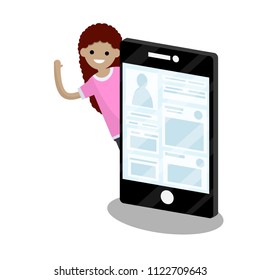 Cartoon illustration - young cute girl waving her hand and big mobile phone. social network account. chat with friends on the Internet. the woman and the device.
