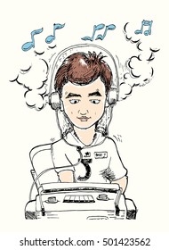 cartoon illustration of young Disk Jokey playing turn table with pertiture sign over his head isolated on white