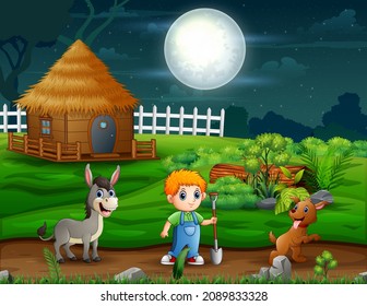 Cartoon Illustration Of Young Farmer Working At Night