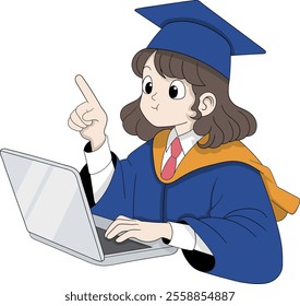 A cartoon illustration of a young female graduate student sitting in front of a laptop, wearing a blue graduation cap and gown with an orange sash.