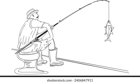 Cartoon illustration of young fisherman with rod, Young man sitting on a stool enjoying leisure time, Illustration of fisherman with rod in men's outdoor recreation