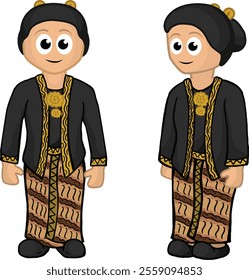 Cartoon illustration of a young girl dressed in traditional Javanese attire, including black outfits and Javanese headgear