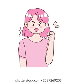 A cartoon illustration of a young girl with pink hair, expressing determination and strength with a clenched fist.