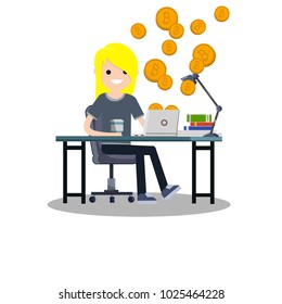 cartoon illustration - young girl sitting at the computer. earnings on bitcoins. crypt technologies. the woman works on the Internet. electronic payment.

