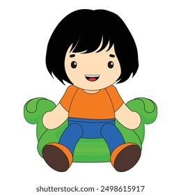 Cartoon illustration of a young girl sitting on a green beanbag smiling and relaxing