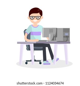 Cartoon illustration - young guy nerd sitting at the table with the computer. online student training. man typing message to friends on social networks. freelancer work
