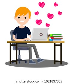 cartoon illustration - the young guy sits at the computer. earnings on bitcoins. crypt technologies. the man works on the Internet. electronic payment.
