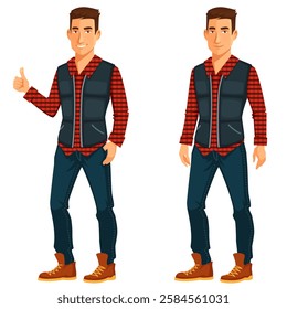 cartoon illustration of a young handsome man with friendly smile, wearing checkered shirt, jeans and work boots. Isolated on white.