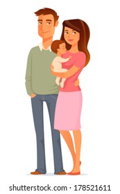 ilustración de una joven familia feliz. Hermosa mujer y hombre, sosteniendo a su bebé. La paternidad o el concepto familiar. Caricatura. Aislado en blanco.