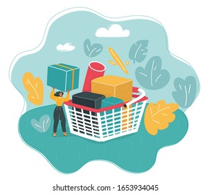 Cartoon illustration of young happy woman with full of item shopping cart.