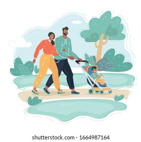 Cartoon illustration of young happy woman with full of item shopping cart.
