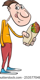 Cartoon illustration of young hungry guy with burrito food object