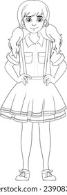 A cartoon illustration of a young lady wearing pigtails and suspenders with a skirt outfit