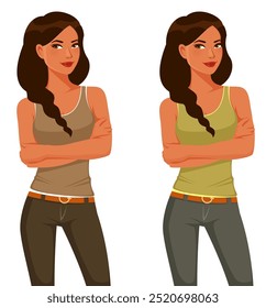 cartoon illustration of a young Latina or Indian woman with braided hair, wearing casual clothing, standing confident with her arms crossed. Isolated on white.